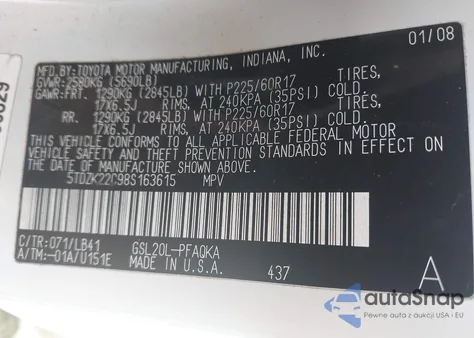 2008 Toyota Sienna Limited z USA, uszkodzony, nr VIN 5TDZK22C98S163615